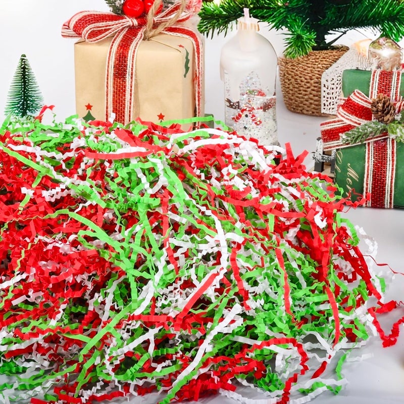QOIUSO 8oz Christmas Crinkle Paper Filler — 1/2LB Red, Green & White Shredded Raffia/Crinkle Cut Paper for Gift Baskets, Boxes, Bags & Holiday Packaging — Fluffable Reusable Basket & Box Filler - Image 4